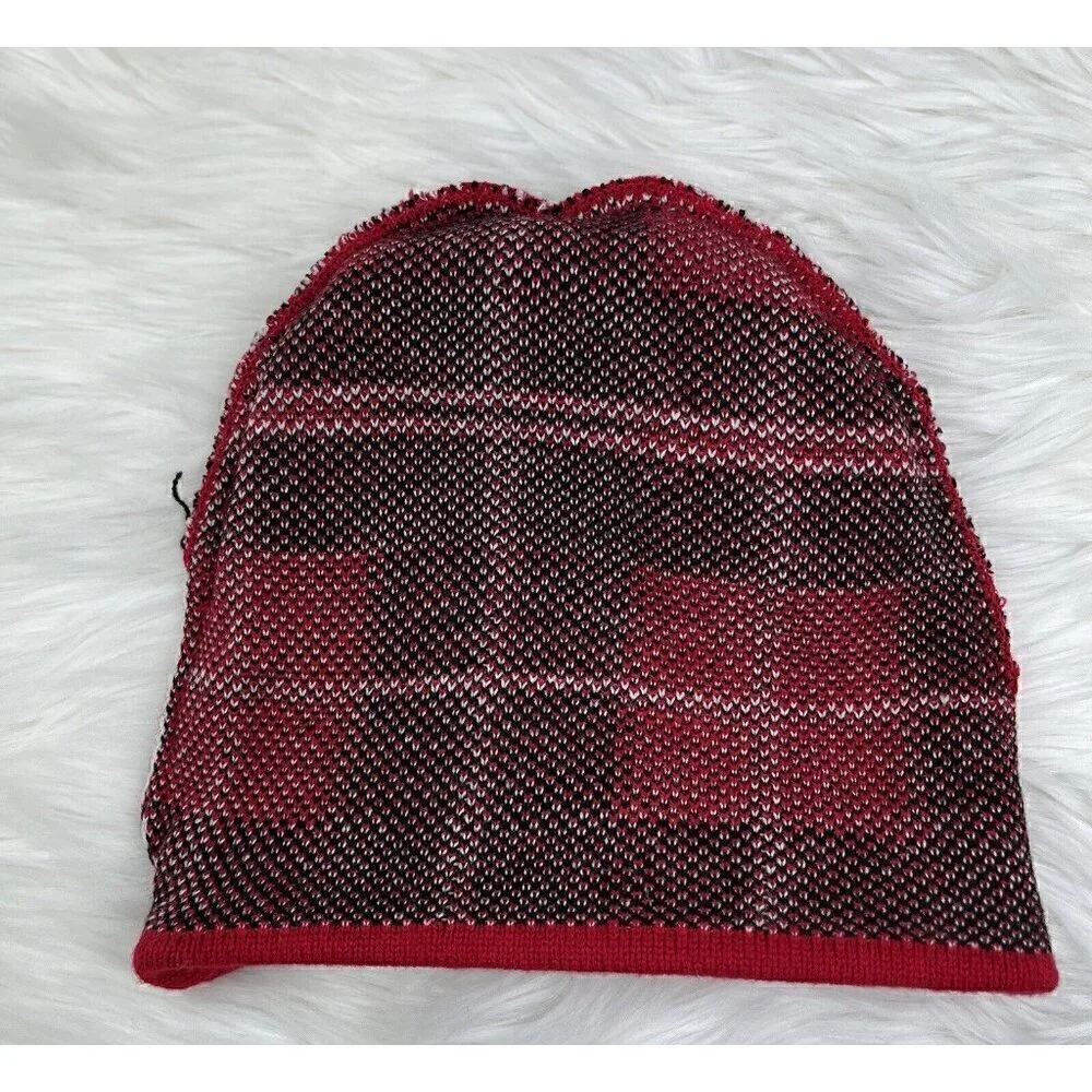 Ugly Sweater Christmas Beanie Hat Cap Sequin Candy Cane Red Black Plaid Pom Pom